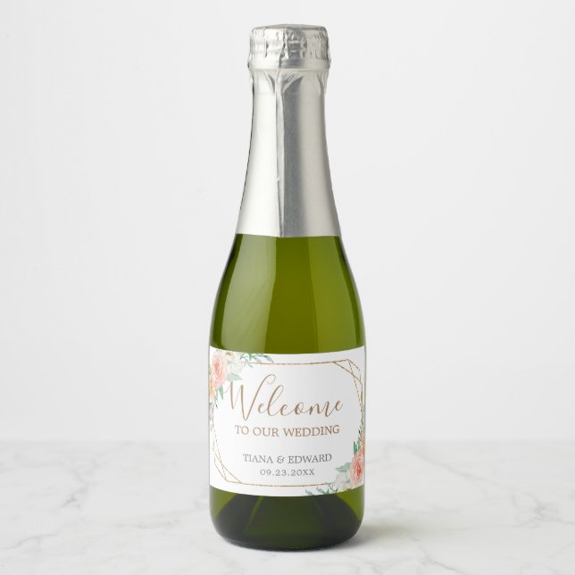 Geometric Watercolor Flowers  Wedding Welcome Sparkling Wine Label (Front)