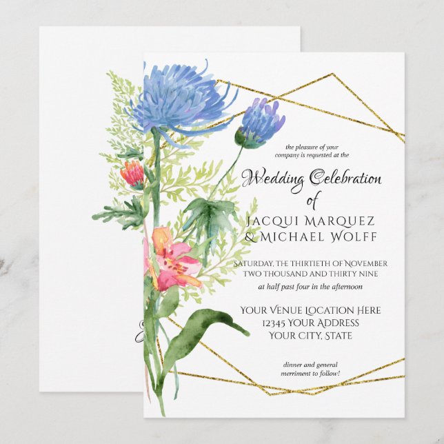Geometric Watercolor Modern Floral Blue Wedding Invitation (Front/Back)