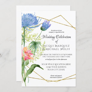 Geometric Watercolor Modern Floral Blue Wedding Invitation