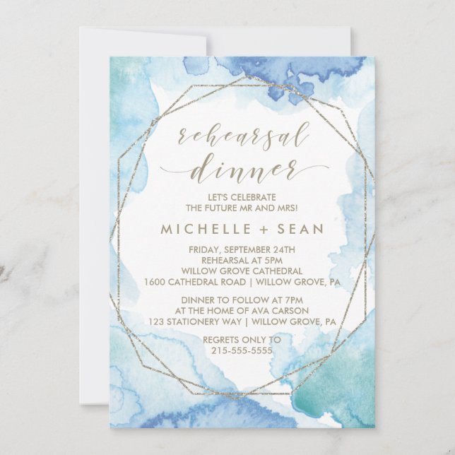 Geometric Watercolor Rehearsal Dinner Invitation (Front)