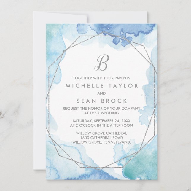 Geometric Watercolor Silver Monogram Wedding Invitation (Front)