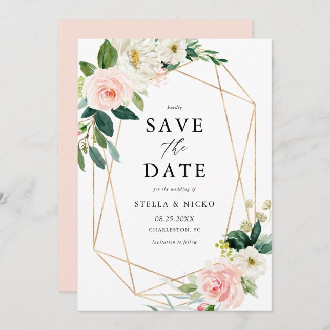 Geometric Watercolor Spring Blooms Save The Date (Front/Back)