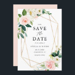 Geometric Watercolor Spring Blooms Save The Date<br><div class="desc">Geometric Watercolor Spring Blooms Save the Date Card | Announcement your wedding date to family and friends with this floral save the date card. It features watercolor illustrations of white, peach and pink roses and peonies, foliage accents and faux foil geometric frame. This elegant save the date is perfect for...</div>