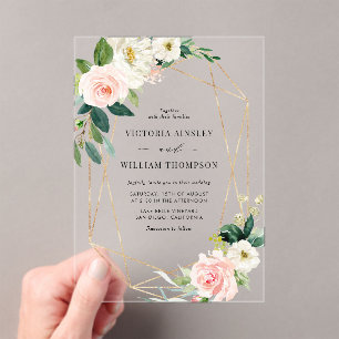 Geometric Watercolor Spring Blooms Wedding Acrylic Invitations