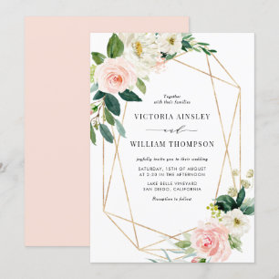Geometric Watercolor Spring Blooms Wedding Invitation