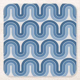 Geometric Wave Design in Blue Square Paper Coaster
