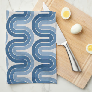 Geometric Wave Design in Blue Tea Towel