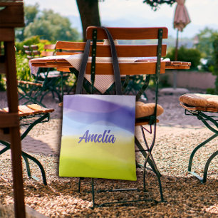 Geometric wave lime yellow lavender with name tote bag