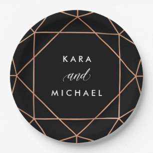 Geometric Wedding   Faux Rose Gold on Black Paper Plate