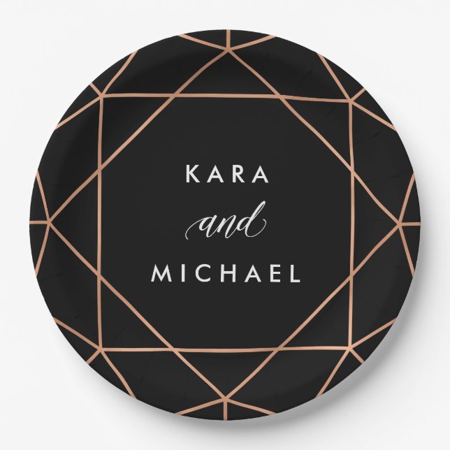 Geometric Wedding | Faux Rose Gold on Black Paper Plate (Front)