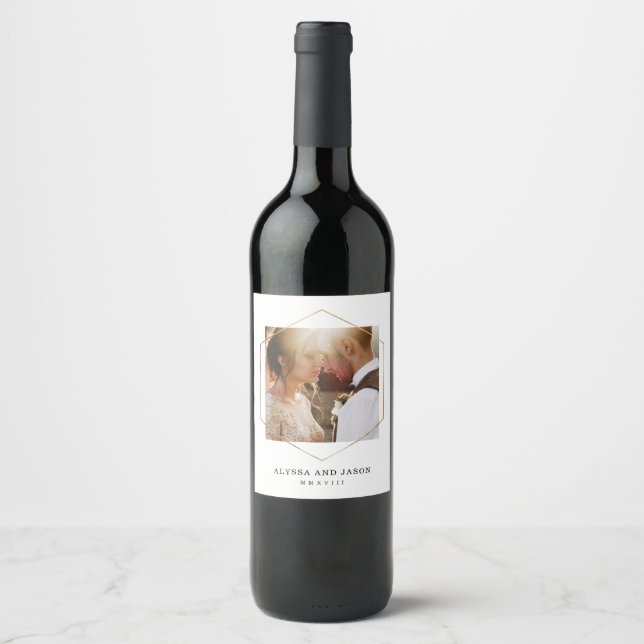 Geometric | Wedding Photo and Roman Numeral Date Wine Label (Front)