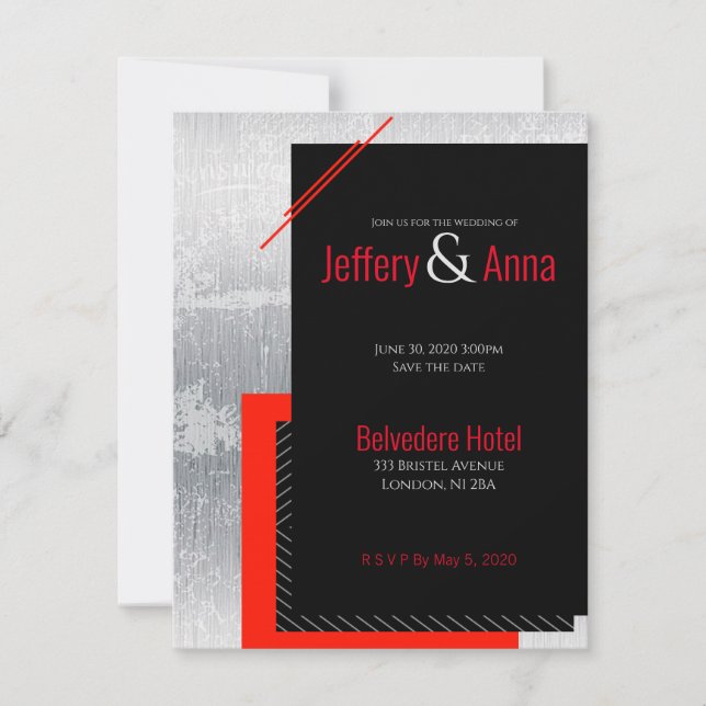 Geometric wedding red, black, grey, white stripes  invitation (Front)