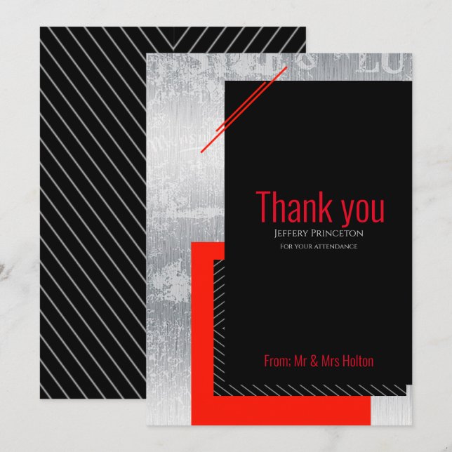 Geometric wedding red, black, grey, white stripes  thank you card (Front/Back)