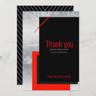 Geometric wedding red, black, grey, white stripes  thank you card