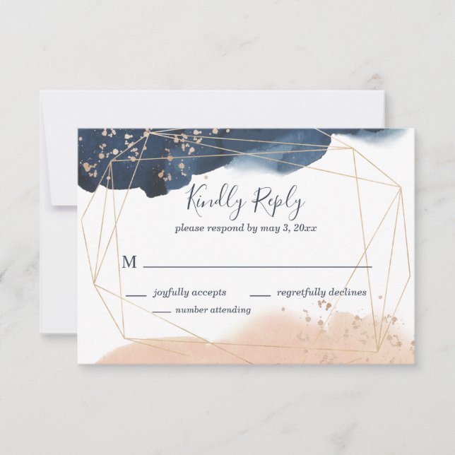 Geometric wedding RSVP in navy, gold, and blush (Front)