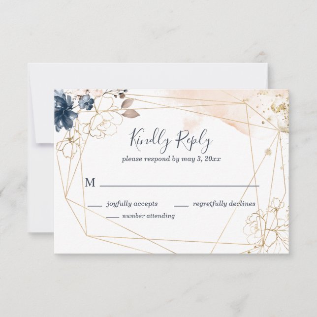 Geometric wedding RSVP in navy, gold, and blush (Front)