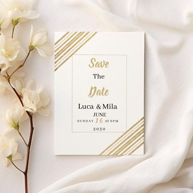 Geometric white and gold typography Save the Date Invitation (Geometric white and gold typography Save the Date)