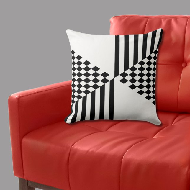 Geometric White & Black Stripes Diamond Checkers Cushion (Geometric White & Black Stripes Diamond Checkers Throw Pillow)