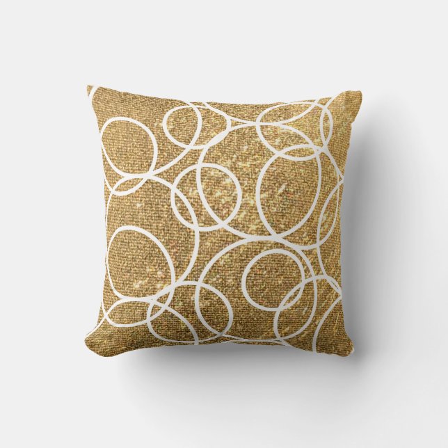Geometric White Circles Abstract Gold Glitter Cushion (Front)