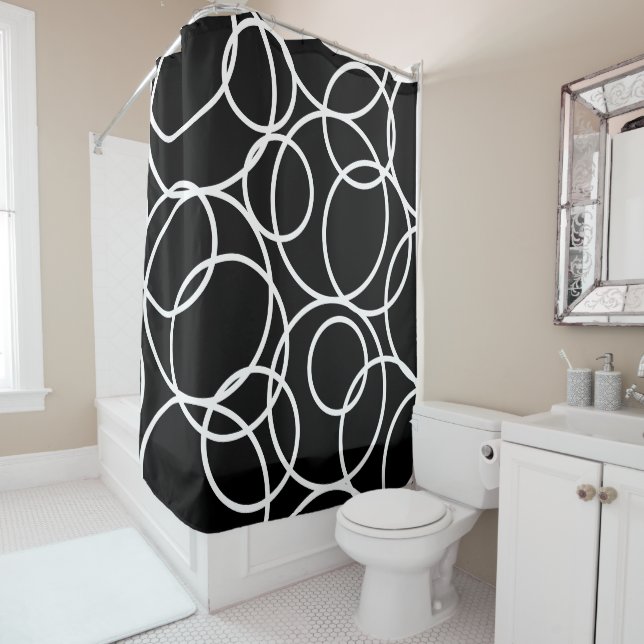 Geometric White Circles Black Modern Abstract Shower Curtain (In Situ)