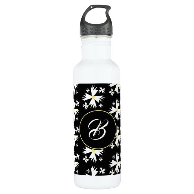 Geometric White Daisy Floral Illustration Monogram 710 Ml Water Bottle (Front)