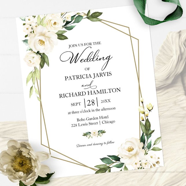 Geometric White Floral Budget Wedding Invitation (Creator Uploaded)