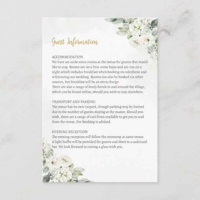 Geometric White Floral Sage Guest Info Card (Front)