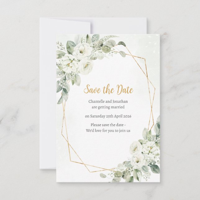 Geometric White Floral Sage Save The Date (Front)