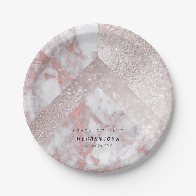 Geometric White Glitter Pink Rose Gold Marble Paper Plate (Front)
