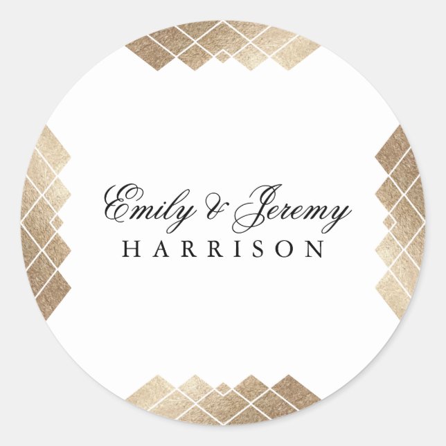Geometric White Gold Gatsby Wedding Classic Round Sticker (Front)