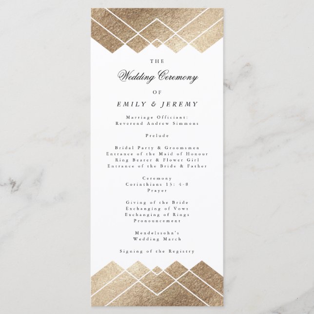 Geometric White Gold Gatsby Wedding Program Programme (Front)