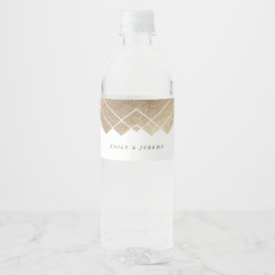 Geometric White Gold Gatsby Wedding Water Bottle Label