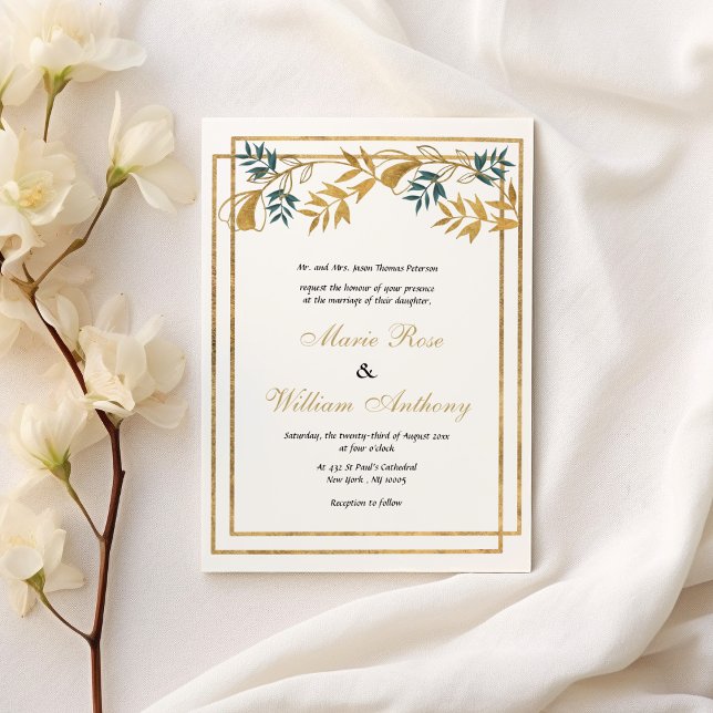 Geometric white gold grayish cyan foliage Wedding  Invitation (Geometric white gold grayish cyan foliage Wedding )