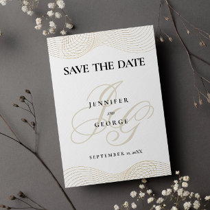 Geometric white gold monogram Save The Date