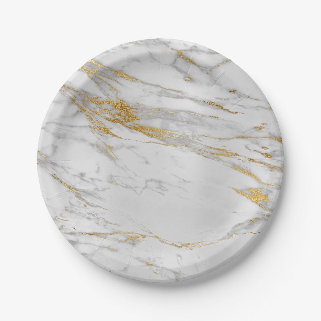 Geometric White Gray Carrara Gold Marble Paper Plate (Front)
