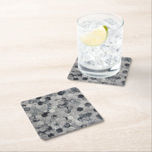 Geometric White, Grey, and Black Hexagon Pattern Square Paper Coaster