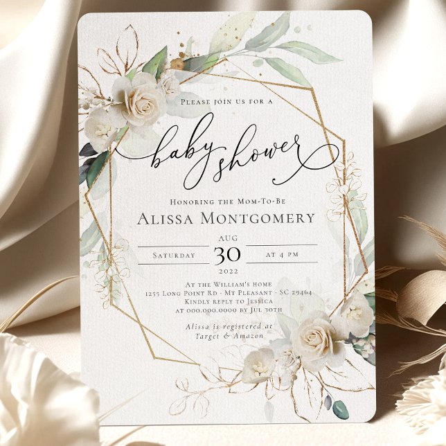 Geometric White Roses Baby Shower Invitation (Creator Uploaded)