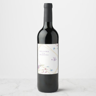 Geometric Wildflower Lavender Monogram Wedding Wine Label