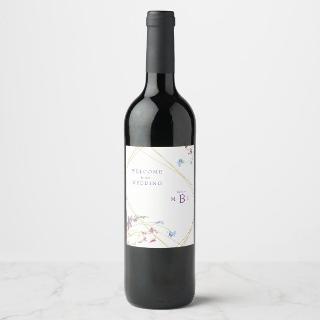 Geometric Wildflower Lavender Monogram Wedding Wine Label (Front)