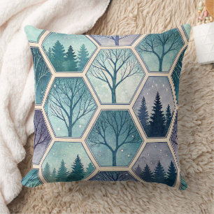 Geometric Winter Forest – Trees in Hexagon Cushion