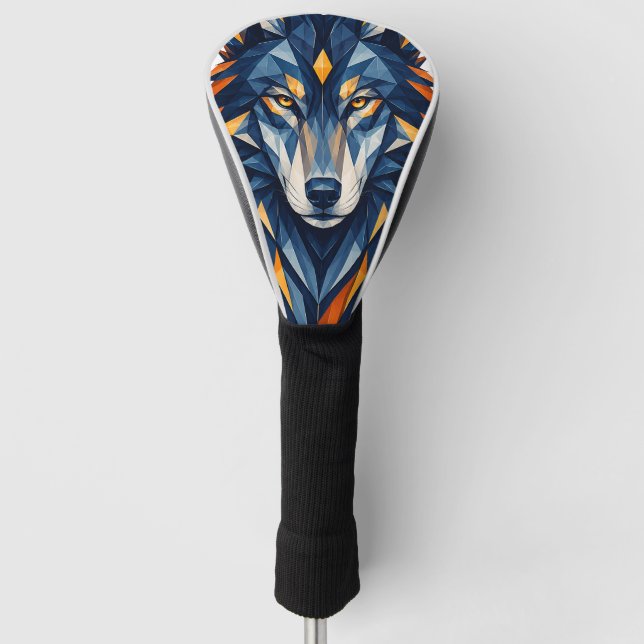 Geometric Wolf Black & Orange Polygonal Art Golf Head Cover (Front)