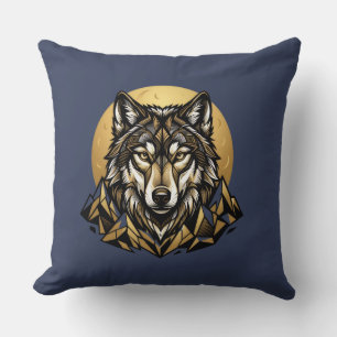 Geometric Wolf Head Moon Mountain Throw Pillow