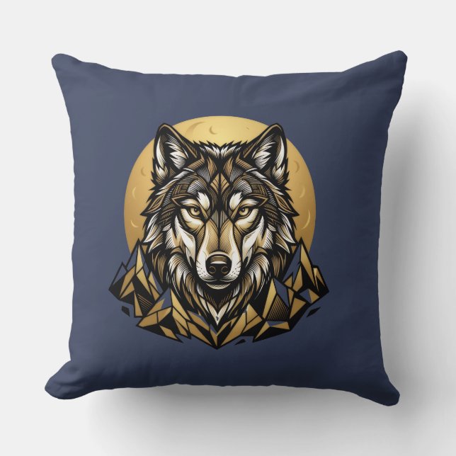 Geometric Wolf Head Moon Mountain Throw Pillow (Front)