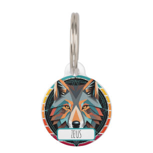 Geometric Wolf Head with Retro Colours Pet Tag