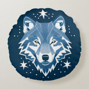 Geometric Wolf With Stars Mystical Decor 🐺 Round Cushion