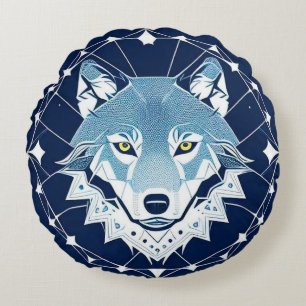 Geometric Wolf With Stars Mystical Night Design 🐺 Round Cushion