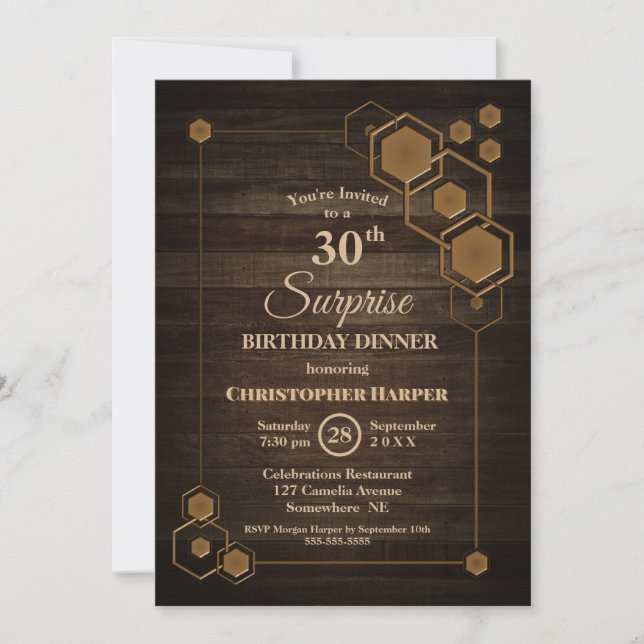 Geometric Wood Surprise 30th Birthday Dinner Party Invitation (Front)