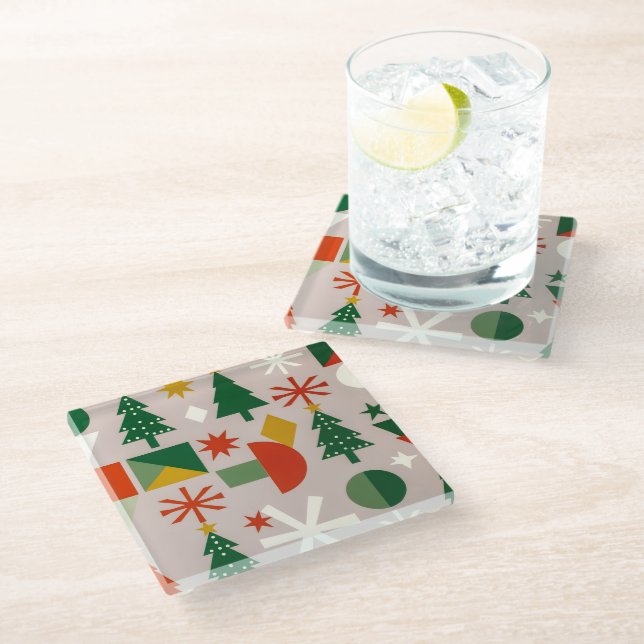 Geometric Xmas Trees Snowflakes Throw Pillow Glass Coaster (Angled)