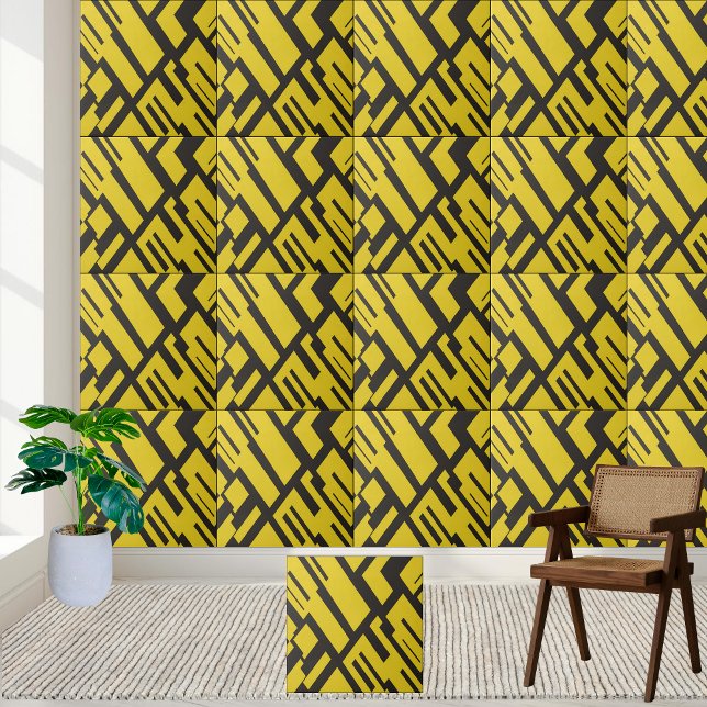 Geometric Yellow and Black Abstract Pattern  Tile (Geometric Yellow and Black Abstract Pattern Ceramic Tile)