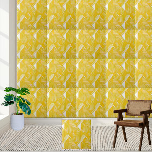Geometric Yellow and White Line Pattern  Tile